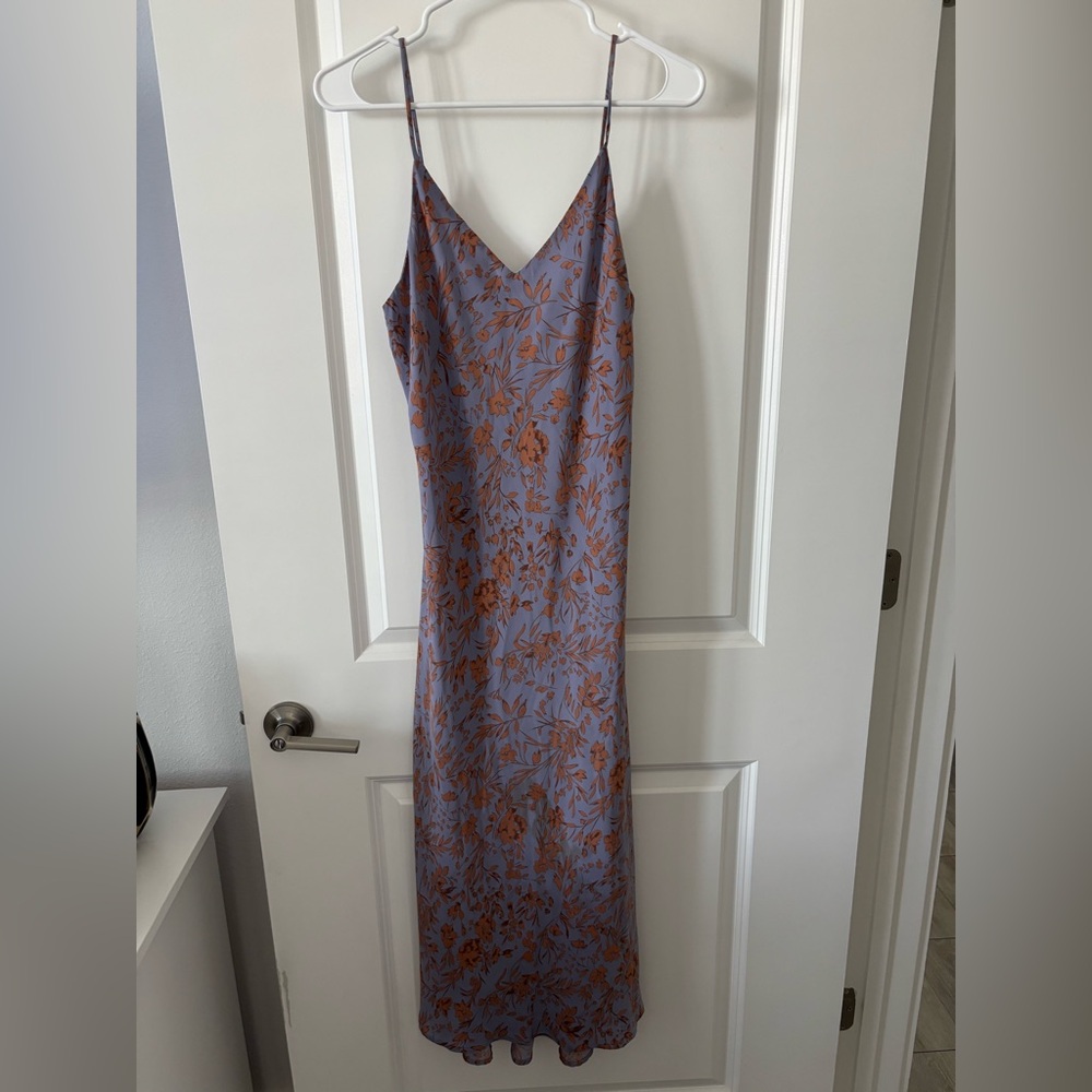 Satin slip dress. Purple with coral floral detail. Size M